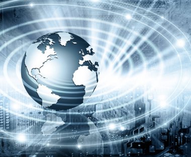 Global iş dünyasının en iyi internet kavramı. Küre, teknolojik arka planda parlayan çizgiler. Wi-Fi, ışınlar, semboller İnternet, 3 boyutlu illüstrasyon