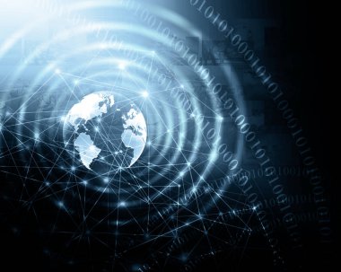 En iyi internet konsepti. Küre, teknolojik arka planda parlayan çizgiler. Elektronik, Wi-Fi, ışınları, sembolleri internet, televizyon, mobil ve uydu iletişimi. Teknoloji 3 boyutlu illüstrasyon