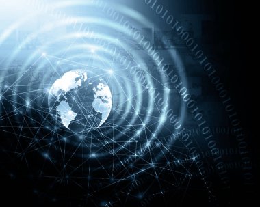 Global iş dünyasının en iyi internet kavramı. Küre, teknolojik arka planda parlayan çizgiler. Wi-Fi, ışınlar, semboller İnternet, 3 boyutlu illüstrasyon