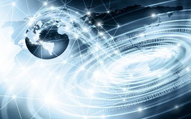 Global iş dünyasının en iyi internet kavramı. Küre, teknolojik arka planda parlayan çizgiler. Wi-Fi, ışınlar, semboller İnternet, 3 boyutlu illüstrasyon