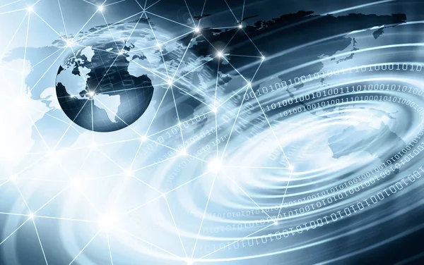 Global iş dünyasının en iyi internet kavramı. Küre, teknolojik arka planda parlayan çizgiler. Wi-Fi, ışınlar, semboller İnternet, 3 boyutlu illüstrasyon