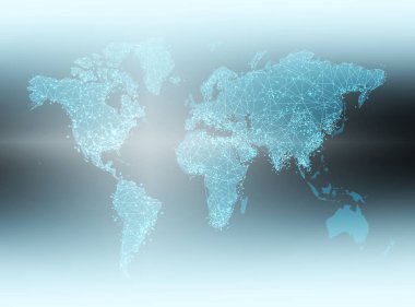 Dünya Haritası üzerinde teknolojik bir arka plan, parlak çizgiler semboller Internet, radyo, televizyon, telefon ve uydu iletişim.
