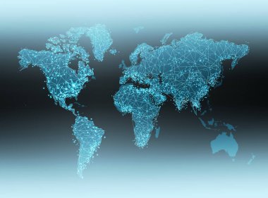 Dünya Haritası üzerinde teknolojik bir arka plan, parlak çizgiler semboller Internet, radyo, televizyon, telefon ve uydu iletişim.