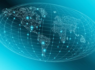 Dünya Haritası üzerinde teknolojik bir arka plan, parlak çizgiler semboller Internet, radyo, televizyon, telefon ve uydu iletişim.