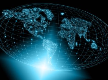 Dünya Haritası üzerinde teknolojik bir arka plan, parlak çizgiler semboller Internet, radyo, televizyon, telefon ve uydu iletişim.