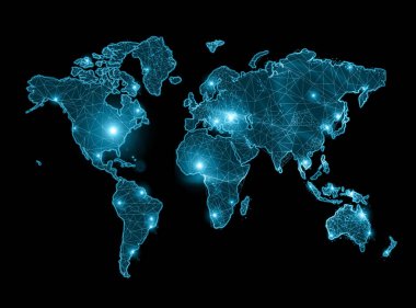 Dünya Haritası üzerinde teknolojik bir arka plan, parlak çizgiler semboller Internet, radyo, televizyon, telefon ve uydu iletişim.