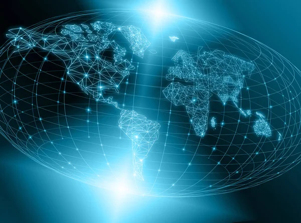 Mapa del mundo sobre un fondo tecnológico, líneas luminosas símbolos de Internet, radio, televisión, comunicaciones móviles y por satélite . — Foto de Stock