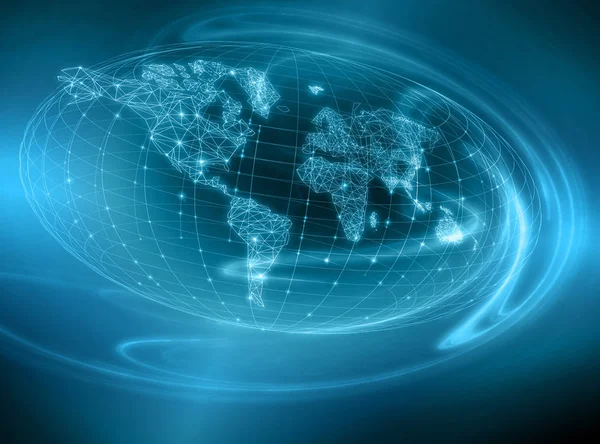 Mapa del mundo sobre un fondo tecnológico, líneas luminosas símbolos de Internet, radio, televisión, comunicaciones móviles y por satélite . —  Fotos de Stock