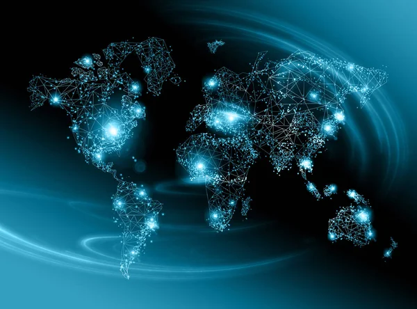 Mapa do mundo sobre um fundo tecnológico, linhas brilhantes símbolos da Internet, rádio, televisão, comunicações móveis e por satélite . — Fotografia de Stock