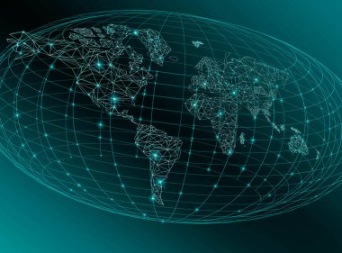 Dünya Haritası üzerinde teknolojik bir arka plan, parlak çizgiler semboller Internet, radyo, televizyon, telefon ve uydu iletişim.