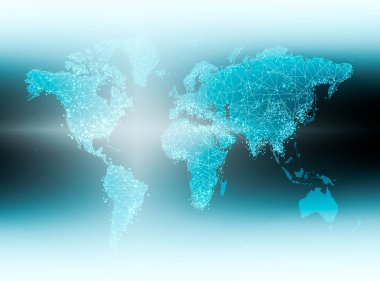 Dünya Haritası üzerinde teknolojik bir arka plan, parlak çizgiler semboller Internet, radyo, televizyon, telefon ve uydu iletişim.