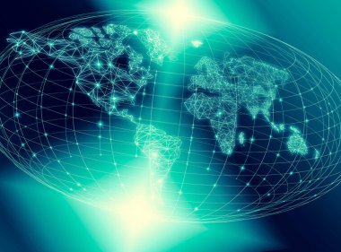Dünya Haritası üzerinde teknolojik bir arka plan, parlak çizgiler semboller Internet, radyo, televizyon, telefon ve uydu iletişim.