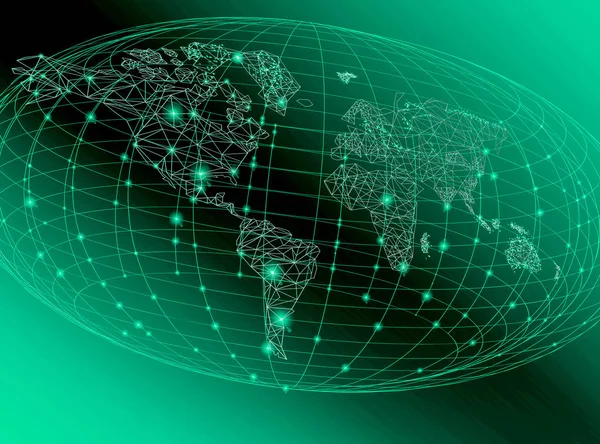 Mapa do mundo sobre um fundo tecnológico, linhas brilhantes símbolos da Internet, rádio, televisão, comunicações móveis e por satélite . — Fotografia de Stock