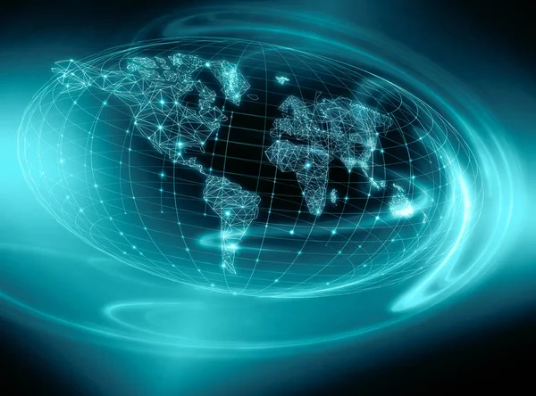 世界地图上的科技背景，发光线符号的互联网、 广播、 电视、 移动和卫星通信. — 图库照片