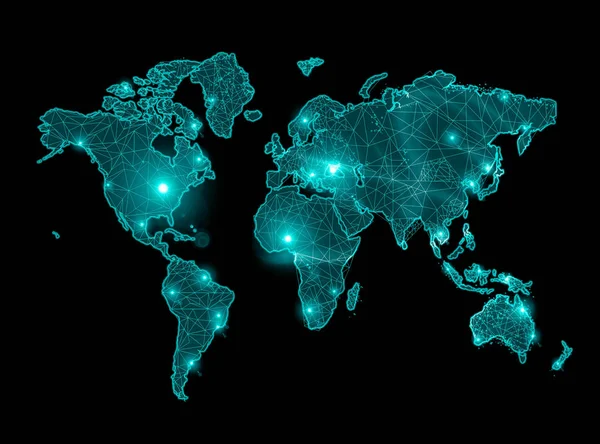 Mapa del mundo sobre un fondo tecnológico, líneas luminosas símbolos de Internet, radio, televisión, comunicaciones móviles y por satélite . —  Fotos de Stock