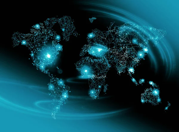 Mapa del mundo sobre un fondo tecnológico, líneas luminosas símbolos de Internet, radio, televisión, comunicaciones móviles y por satélite . — Foto de Stock