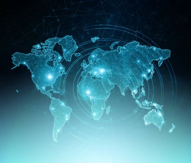 Dünya Haritası üzerinde teknolojik bir arka plan, parlak çizgiler semboller Internet, radyo, televizyon, telefon ve uydu iletişim.