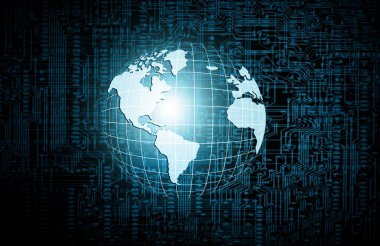 Global iş dünyasının en iyi internet kavramı. Küre, teknolojik arka planda parlayan çizgiler. Wi-Fi, ışınlar, semboller İnternet, 3 boyutlu illüstrasyon