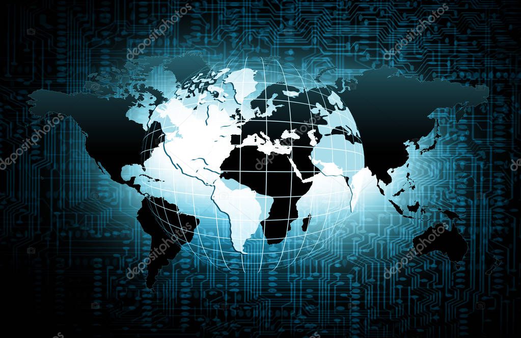 World map on a technological background, glowing lines symbols of the Internet, radio, television, mobile and satellite communications. Internet Concept of global business.