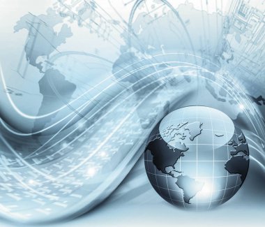 Global iş dünyasının en iyi internet kavramı. Küre, teknolojik arka planda parlayan çizgiler. Wi-Fi, ışınlar, semboller İnternet, 3 boyutlu illüstrasyon