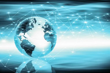 Global iş dünyasının en iyi internet kavramı. Küre, teknolojik arka planda parlayan çizgiler. Wi-Fi, ışınlar, semboller İnternet, 3 boyutlu illüstrasyon