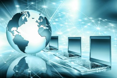 Global iş dünyasının en iyi internet kavramı. Küre, teknolojik arka planda parlayan çizgiler. Wi-Fi, ışınlar, semboller İnternet, 3 boyutlu illüstrasyon