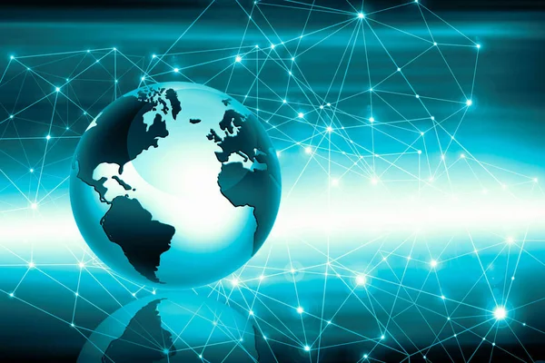 Miglior concetto Internet di business globale. Globe, linee luminose su sfondo tecnologico. Wi-Fi, raggi, simboli Internet, illustrazione 3D — Foto Stock