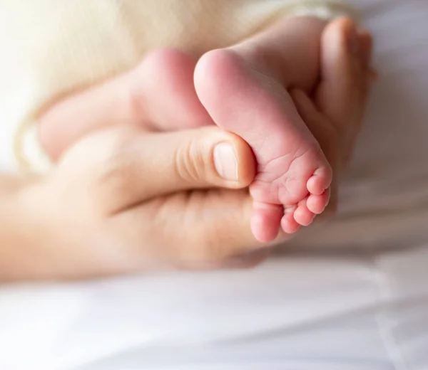 Babyfüße in die Hände der Mütter geschnallt. sanft verschwommener Hintergrund der Füße und Fersen eines Neugeborenen — Stockfoto