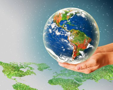Ekolojik Çevre kavramı ile elleri toprağa ağaç ekimi. Dünya gezegeni. Yeryüzünün fiziksel dünya. Nasa tarafından döşenmiş bu görüntü unsurları. 3D çizim