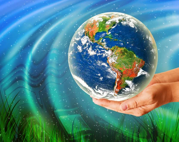 Ecological concept of the environment with the cultivation of trees on the ground in the hands. Planet Earth. Physical globe of the earth. Elements of this image furnished by NASA. 3D illustration — Stock Photo, Image