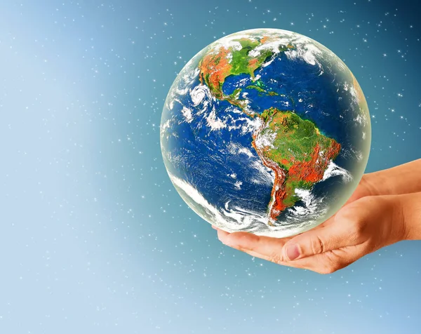Ecological concept of the environment with the cultivation of trees on the ground in the hands. Planet Earth. Physical globe of the earth. Elements of this image furnished by NASA. 3D illustration — Stock Photo, Image