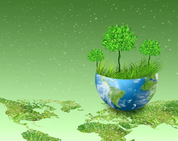 Экологическая концепция окружающей среды с выращиванием деревьев. Планета Земля. Физический глобус Земли. Элементы этого изображения предоставлены НАСА. 3D иллюстрация — стоковое фото