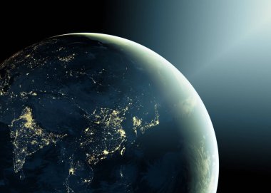 Dünyadan Uzaya. Kavram serisinden küresel iş dünyasının en iyi internet kavramı. Bu görüntünün elementleri NASA tarafından döşenmiştir. 3B illüstrasyon