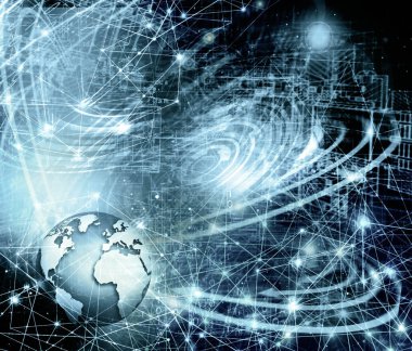 Global iş dünyasının en iyi internet kavramı. Küre, teknolojik arka planda parlayan çizgiler. Elektronik, Wi-Fi, ışınları, sembolleri İnternet, televizyon, mobil ve uydu iletişimi