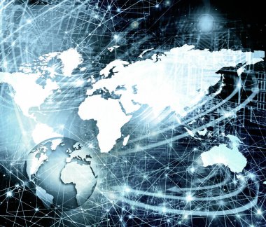 Global iş dünyasının en iyi internet kavramı. Küre, teknolojik arka planda parlayan çizgiler. Elektronik, Wi-Fi, ışınları, sembolleri İnternet, televizyon, mobil ve uydu iletişimi
