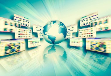 Global iş dünyasının en iyi internet kavramı. Küre, teknolojik arka planda parlayan çizgiler. Wi-Fi, ışınlar, semboller İnternet, 3 boyutlu illüstrasyon