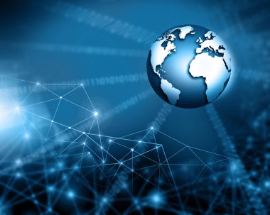 Global iş dünyasının en iyi internet kavramı. Küre, teknolojik arka planda parlayan çizgiler. Wi-Fi, ışınlar, semboller İnternet, 3 boyutlu illüstrasyon