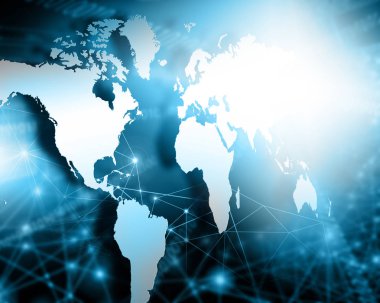 Dünya Haritası üzerinde teknolojik bir arka plan, parlak çizgiler semboller Internet, radyo, televizyon, telefon ve uydu iletişim.