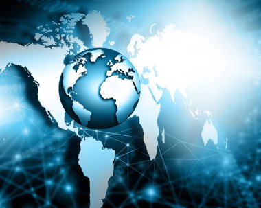 Global iş dünyasının en iyi internet kavramı. Küre, teknolojik arka planda parlayan çizgiler. Wi-Fi, ışınlar, semboller İnternet, 3 boyutlu illüstrasyon