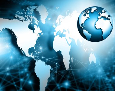 Global iş dünyasının en iyi internet kavramı. Küre, teknolojik arka planda parlayan çizgiler. Wi-Fi, ışınlar, semboller İnternet, 3 boyutlu illüstrasyon