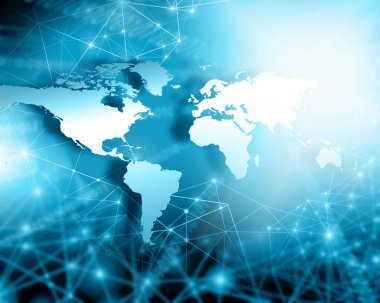 Dünya Haritası üzerinde teknolojik bir arka plan, parlak çizgiler semboller Internet, radyo, televizyon, telefon ve uydu iletişim.
