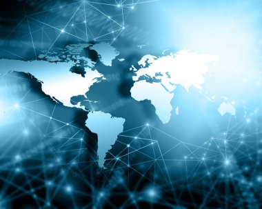Dünya Haritası üzerinde teknolojik bir arka plan, parlak çizgiler semboller Internet, radyo, televizyon, telefon ve uydu iletişim.