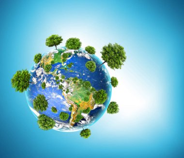 Ekolojik Çevre kavramı ağaç tarımı ile. Dünya gezegeni. Yeryüzünün fiziksel dünya. Nasa tarafından döşenmiş bu görüntü unsurları. 3D çizim
