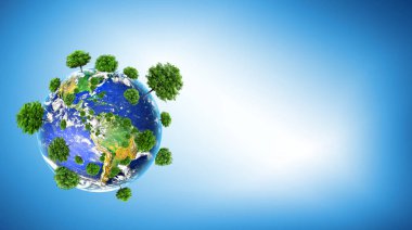 Ecological concept of the environment with the cultivation of trees . Planet Earth. Physical globe of the earth. Elements of this image furnished by NASA. 3D illustration clipart