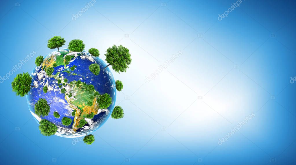 Ecological concept of the environment with the cultivation of trees . Planet Earth. Physical globe of the earth. Elements of this image furnished by NASA. 3D illustration