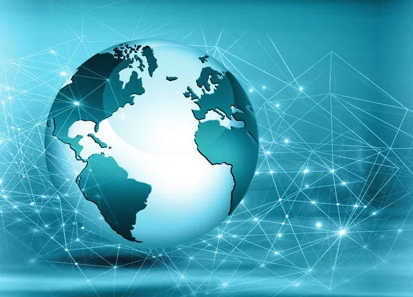 Global iş dünyasının en iyi internet kavramı. Küre, teknolojik arka planda parlayan çizgiler. Wi-Fi, ışınlar, semboller İnternet, 3 boyutlu illüstrasyon