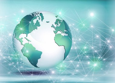 Global iş dünyasının en iyi internet kavramı. Küre, teknolojik arka planda parlayan çizgiler. Wi-Fi, ışınlar, semboller İnternet, 3 boyutlu illüstrasyon