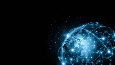 Global iş dünyasının en iyi internet kavramı. Küre, teknolojik arka planda parlayan çizgiler. Wi-Fi, ışınlar, semboller İnternet, 3 boyutlu illüstrasyon