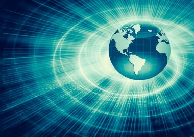 Global iş dünyasının en iyi internet kavramı. Küre, teknolojik arka planda parlayan çizgiler. Wi-Fi, ışınlar, semboller İnternet, 3 boyutlu illüstrasyon