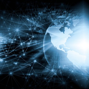 Global iş dünyasının en iyi internet kavramı. Küre, teknolojik arka planda parlayan çizgiler. Wi-Fi, ışınlar, semboller İnternet, 3 boyutlu illüstrasyon